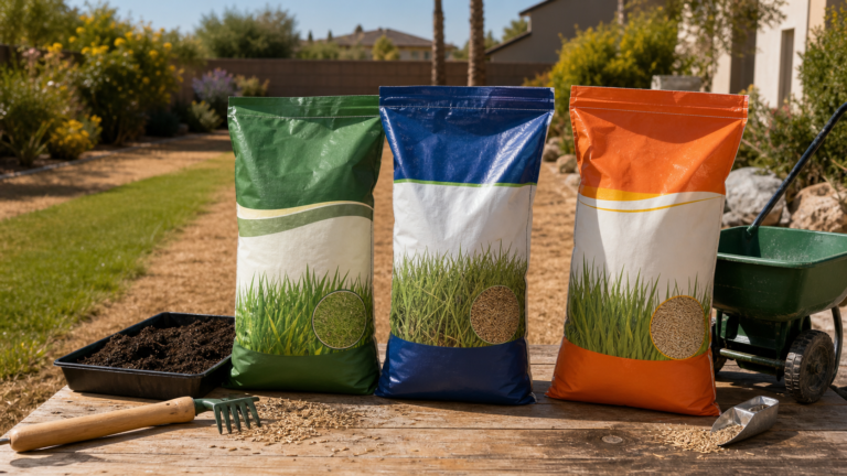 Best Drought-Tolerant Grass Seed for Hot Dry Climates 2026: Zoysia vs Bermuda vs Tall Fescue (3 Tested) 10 GPT Image 2 hero showing three generic drought-tolerant grass seed products on a dry backyard workbench