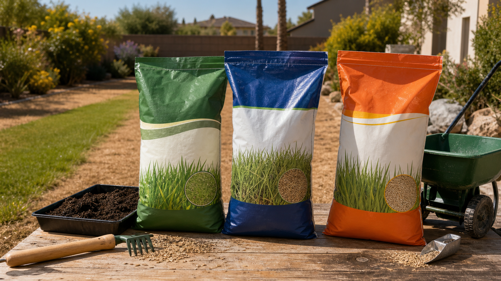 GPT Image 2 hero showing three generic drought-tolerant grass seed products on a dry backyard workbench