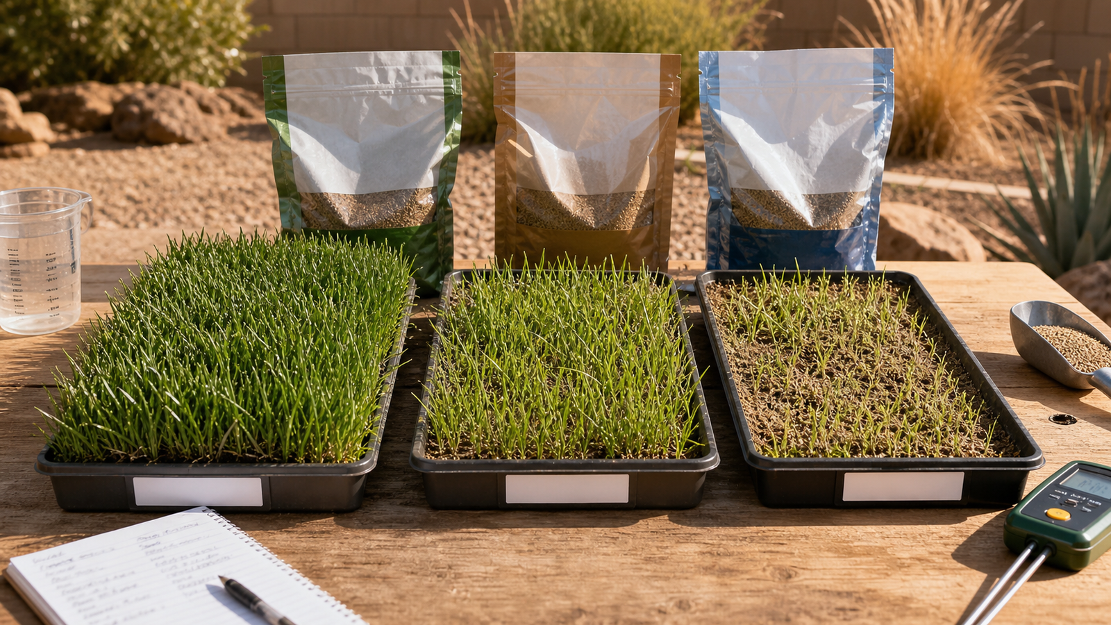 Three drought-tolerant grass seed test trays comparing growth performance