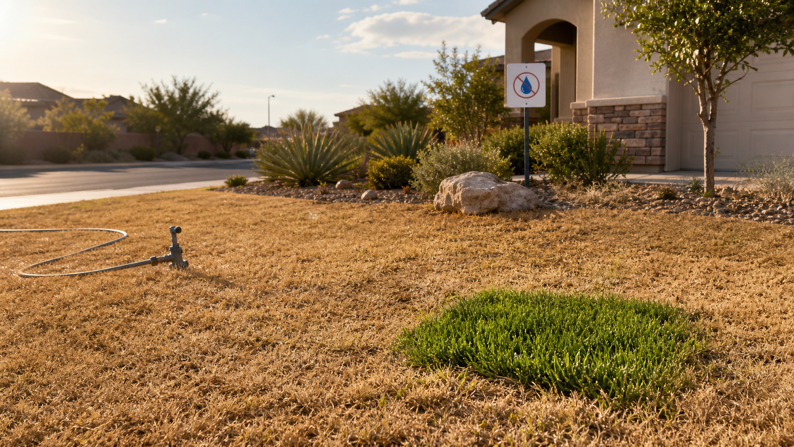 Drought-Tolerant Grass Seed Searches Double in May 2026 as Water Bans Take Hold 1 GPT Image 2 editorial hero showing a dry lawn, water restriction problem, and a recovering drought-tolerant grass patch