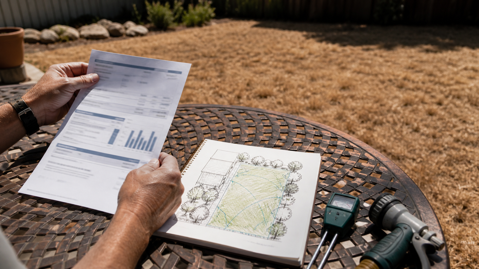 Drought-Tolerant Grass Seed Searches Double in May 2026 as Water Bans Take Hold 2 Water bill and irrigation planning beside a dry lawn during drought