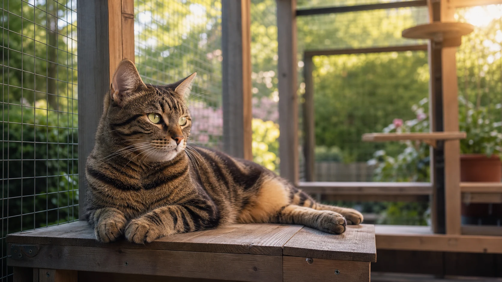 Tabby cat resting inside a sunlit outdoor cat enclosure on a wooden deck