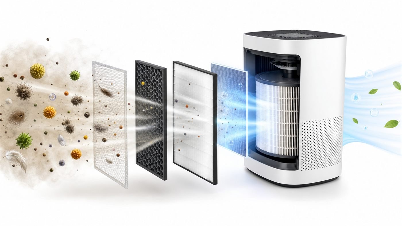 LEVOIT Core 300 Review 2026: Best Air Purifier Under $100? 1 HEPA air purifier filtration process showing dust pollen smoke and cleaner air