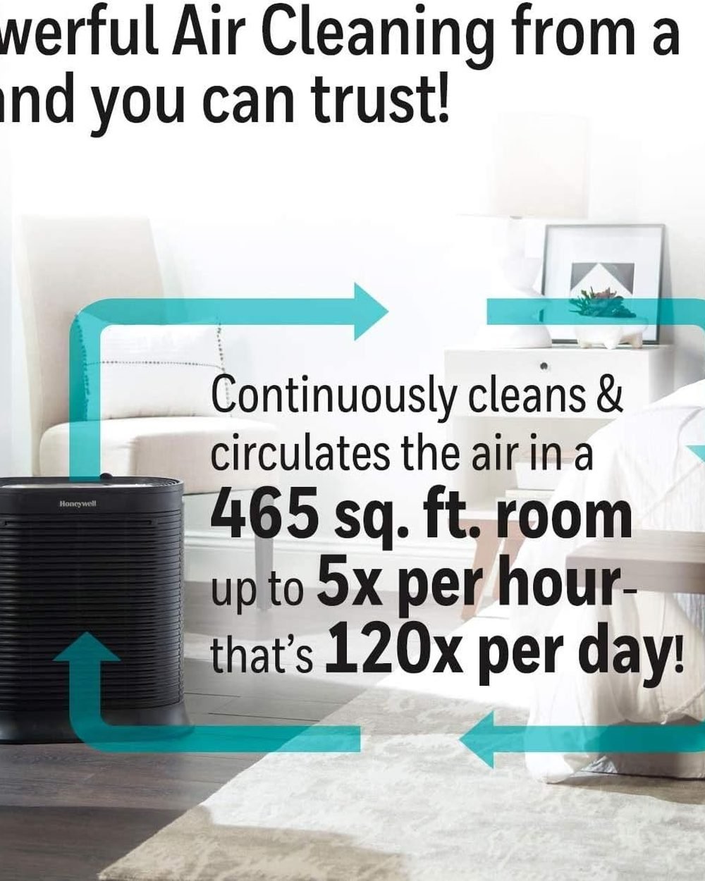 Honeywell HPA300 HEPA Air Purifier installed in a large living room workspace