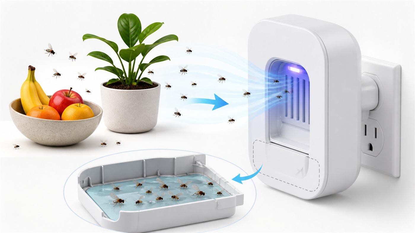 DynaTrap DT152 Review 2026: Best Indoor Mosquito Trap? 1 indoor flying insect trap process showing fruit flies gnats UV light and sticky cartridge