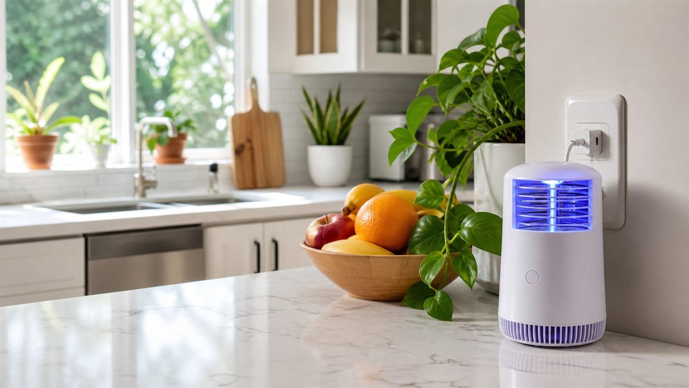 Indoor flying insect trap in a bright kitchen near fruit and houseplants