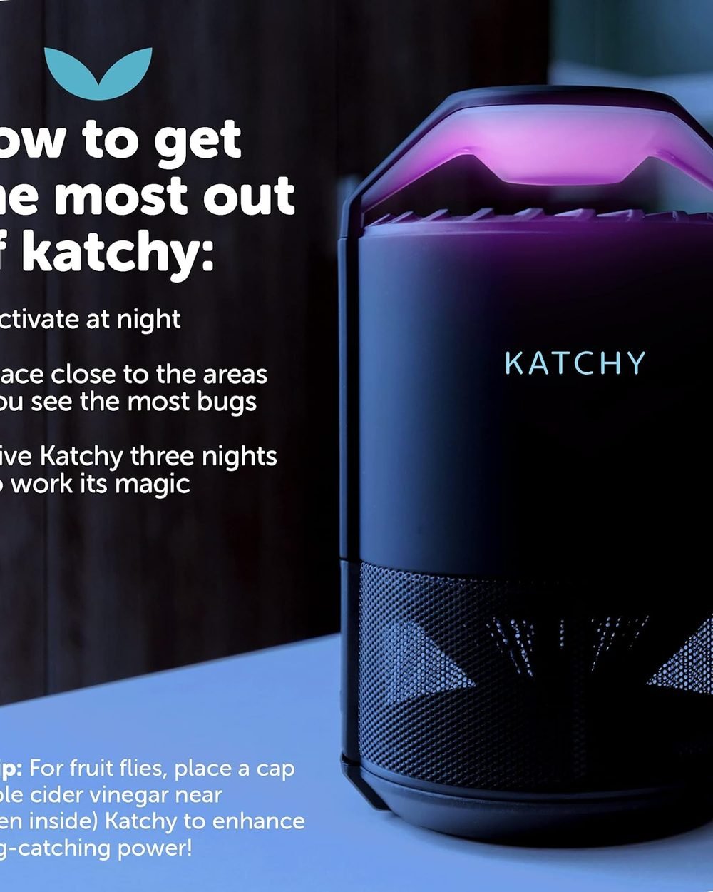 Katchy Indoor Insect Trap on a kitchen counter - 3-step trapping system