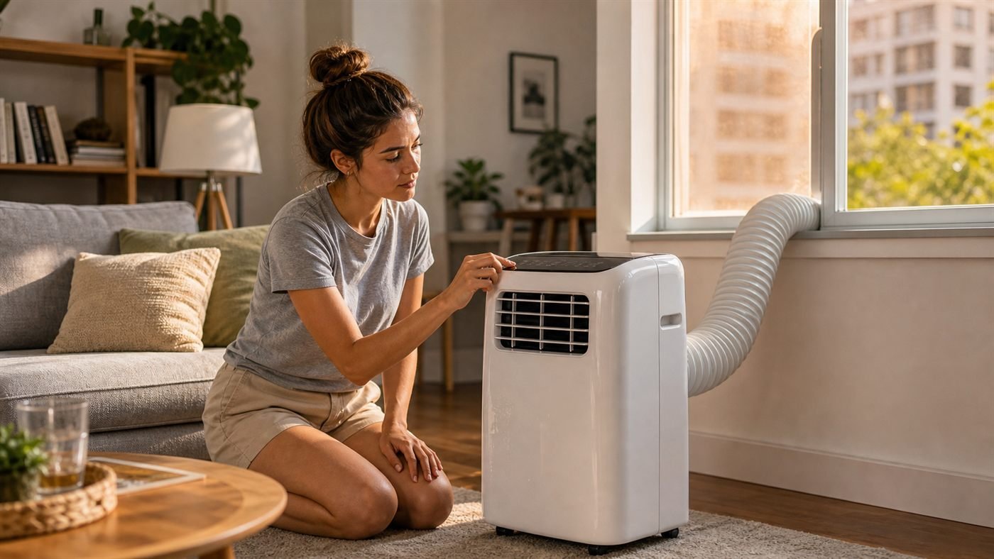 Portable Air Conditioners in 2026: Why Renters Are Buying Before Summer 1 Renter checking a portable air conditioner before a summer heat wave in 2026