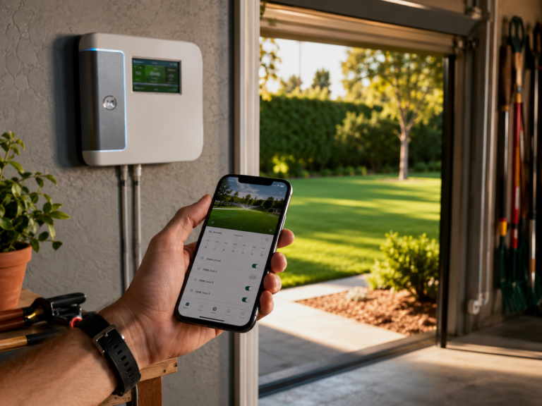 Smart Sprinkler Controller Searches Surge as 2026 Water Bills Climb 4 Smart sprinkler controller mounted on garage wall with smartphone showing watering app