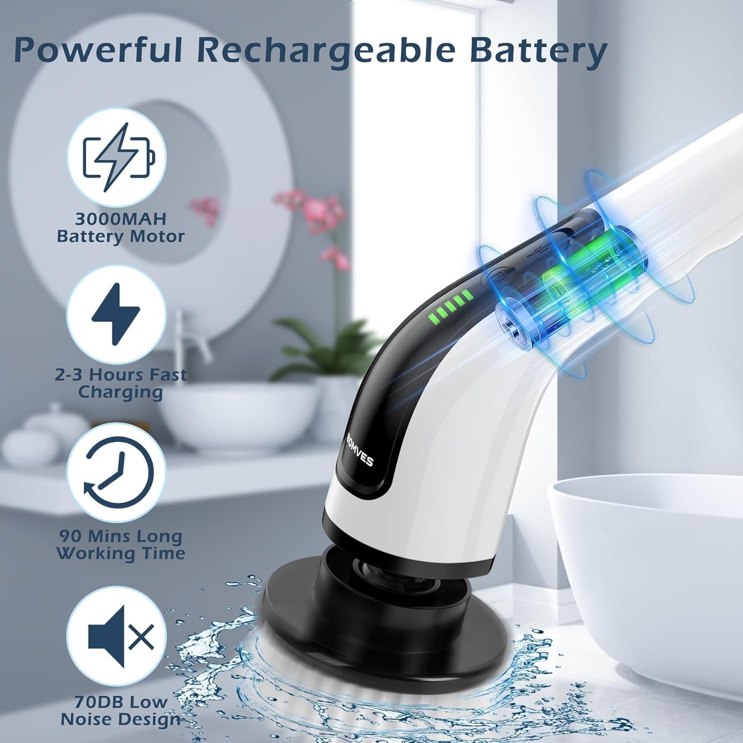 Bomves Bomves Electric Spin Scrubber gallery image 3 showing electric spin scrubber brush heads and bathroom cleaning use