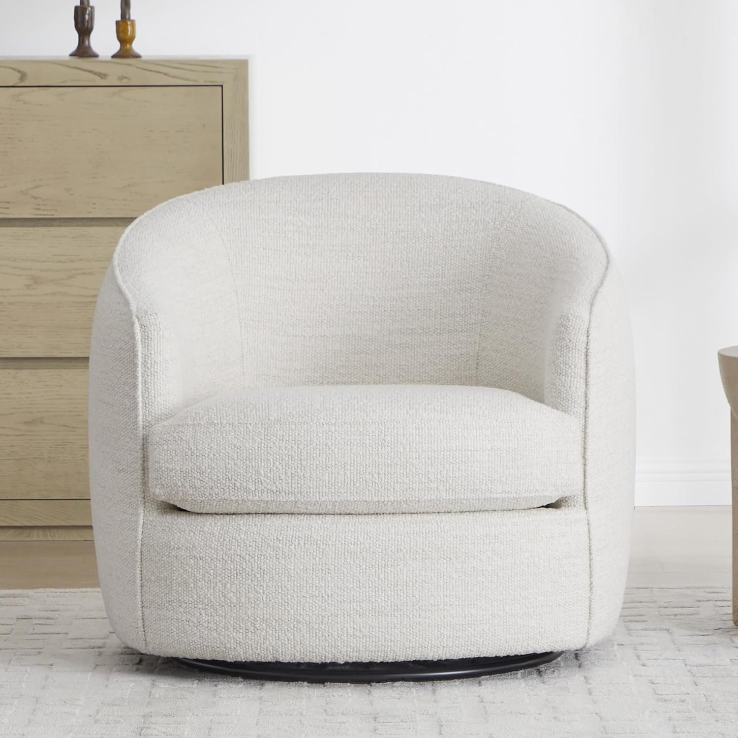CHITA boucle barrel chair angled side profile