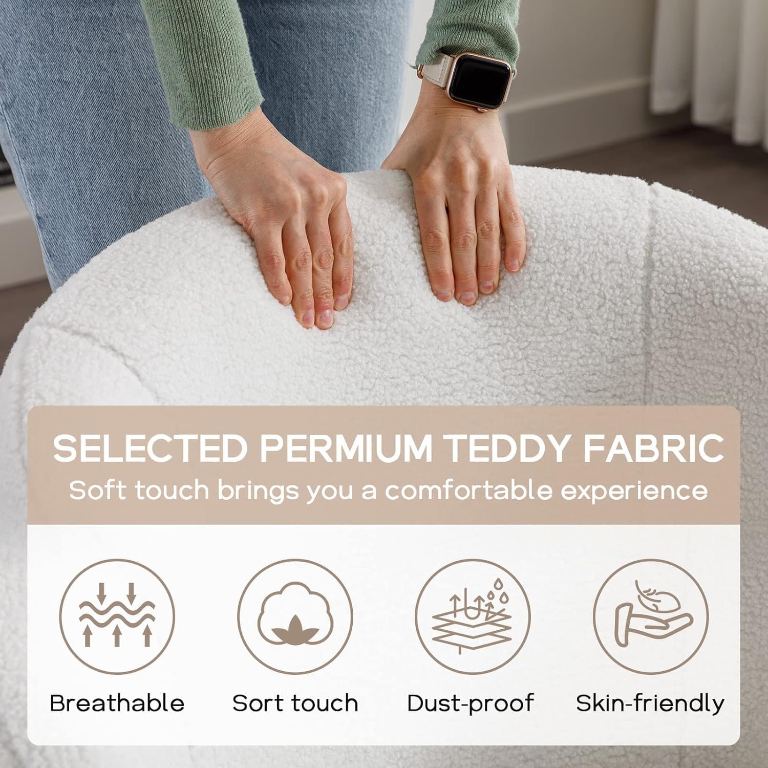 FOXHUNTER teddy boucle fabric texture and curved armrest detail