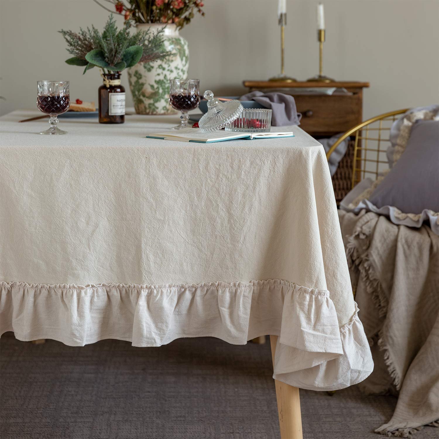 GLORY SEASON Retro Farmhouse Ruffle Tablecloth Cotton Flounces Trim Washable Table Cover, 52x70, Off White