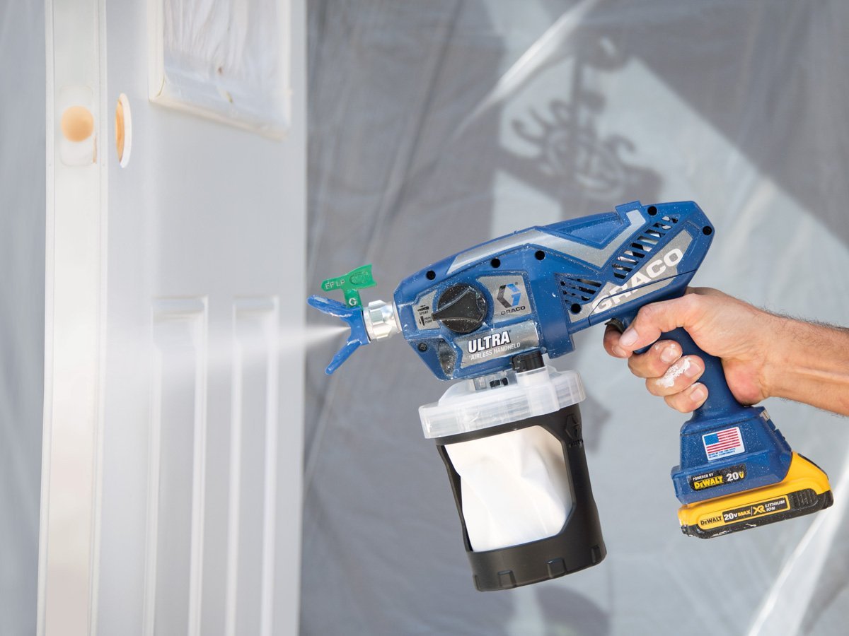 Graco Ultra 17M363 cordless airless paint sprayer - battery and accessories view