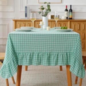 K MASANIJI Spa Blue White Plaid Gingham Ruffled Table Cloth 102x60 farmhouse rectangle tablecloth product gallery image 1