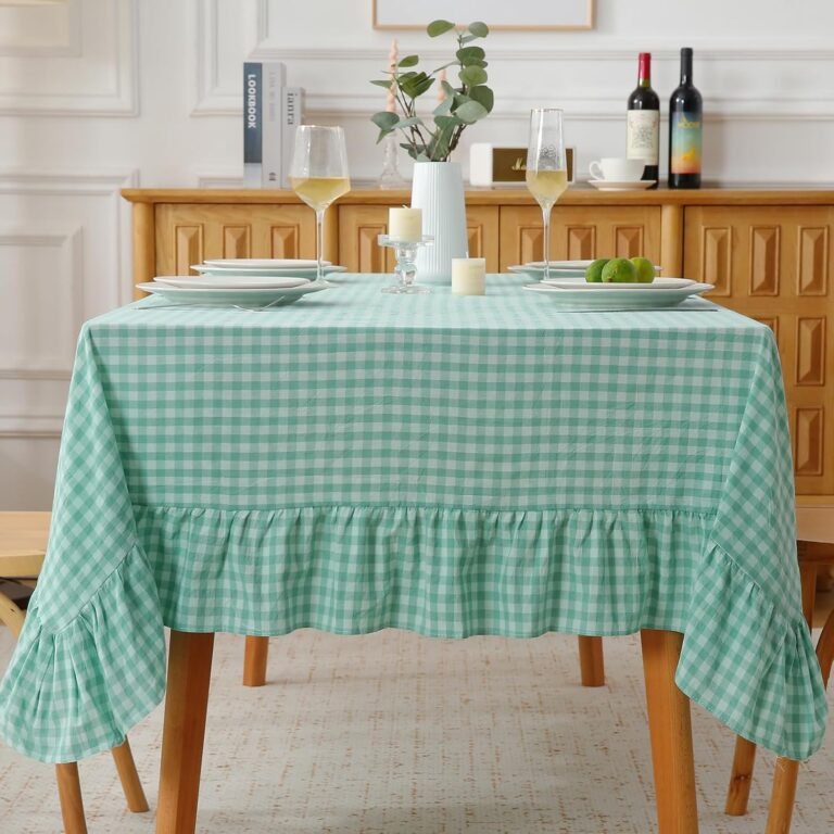 K MASANIJI Gingham Tablecloth Review 1 K MASANIJI Spa Blue White Plaid Gingham Ruffled Table Cloth 102x60 farmhouse rectangle tablecloth product gallery image 1
