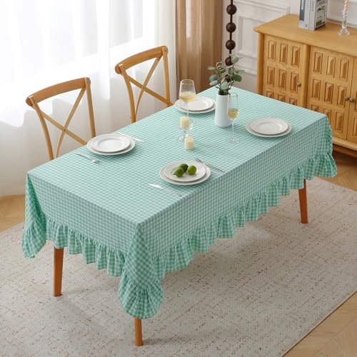 K MASANIJI Spa Blue White Plaid Gingham Ruffled Table Cloth 102x60 farmhouse rectangle tablecloth product gallery image 6