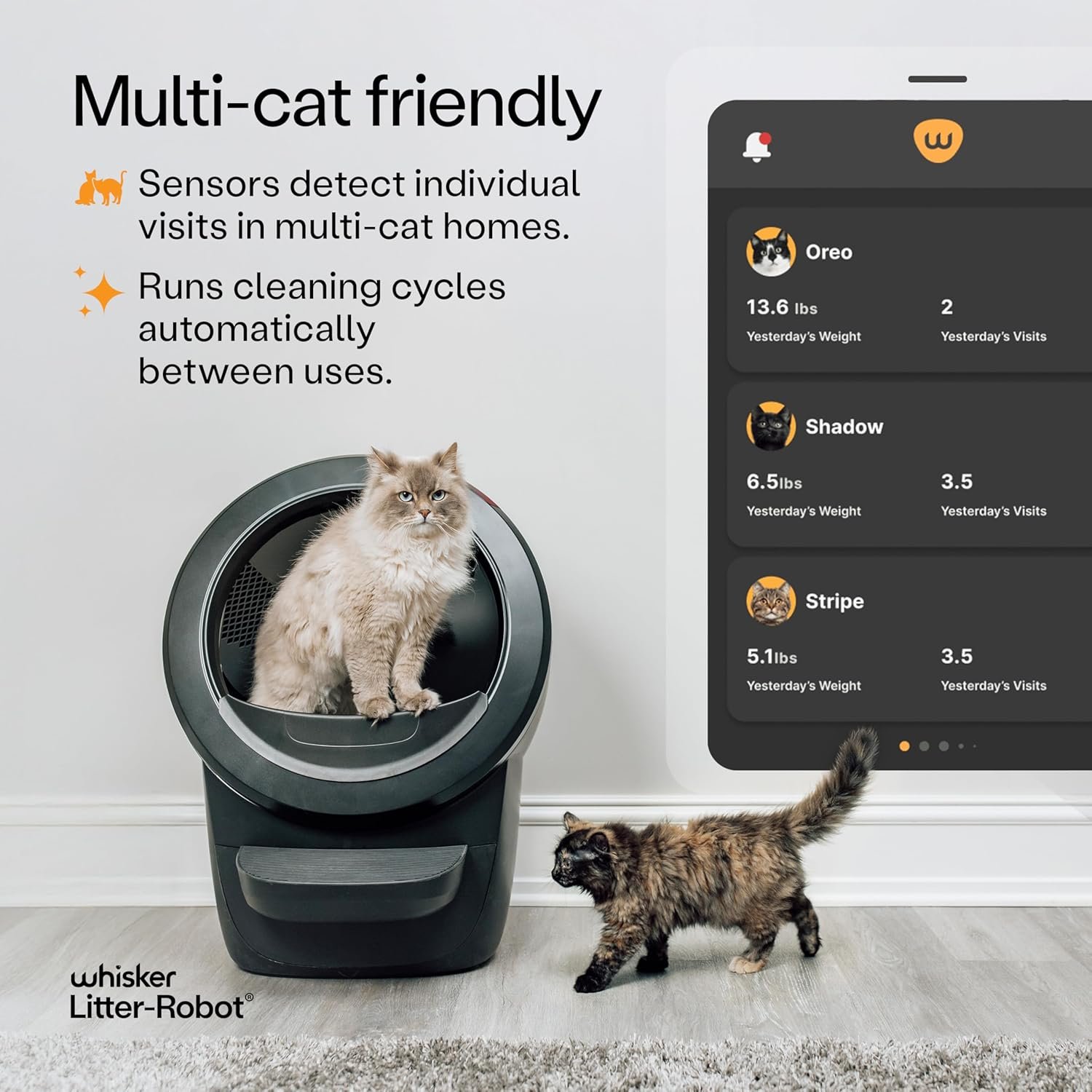 Whisker Litter-Robot 4 multi-cat self-cleaning litter box - app and controls view