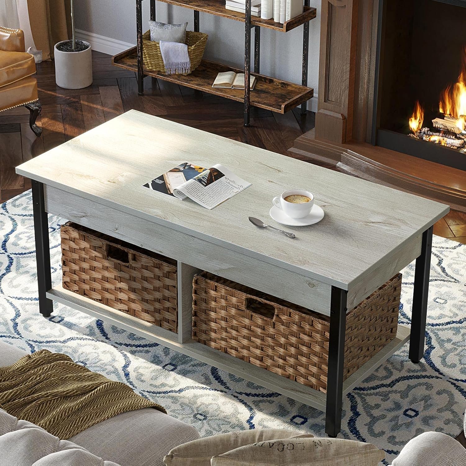 Rolanstar 41.7in lift top coffee table with 2 rattan baskets, grey (view 2)