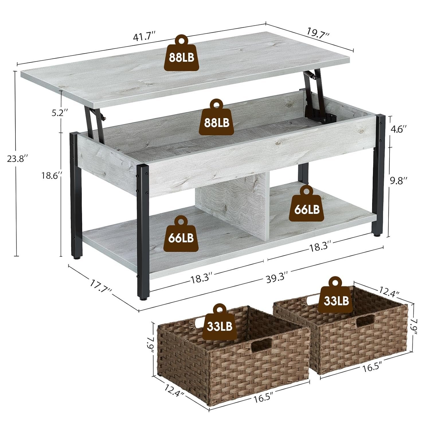 Rolanstar 41.7in lift top coffee table with 2 rattan baskets, grey (view 3)