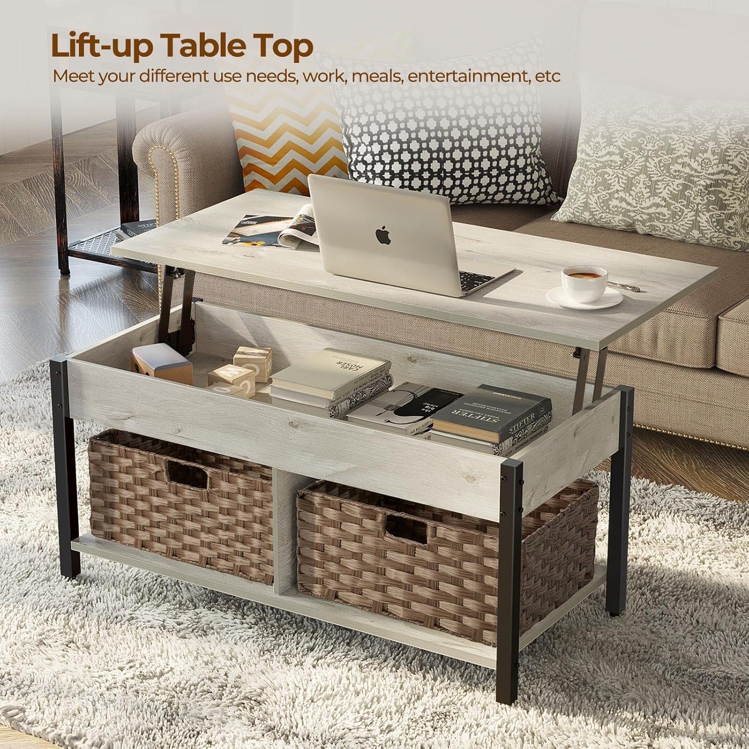 Rolanstar 41.7in lift top coffee table with 2 rattan baskets, grey (view 4)