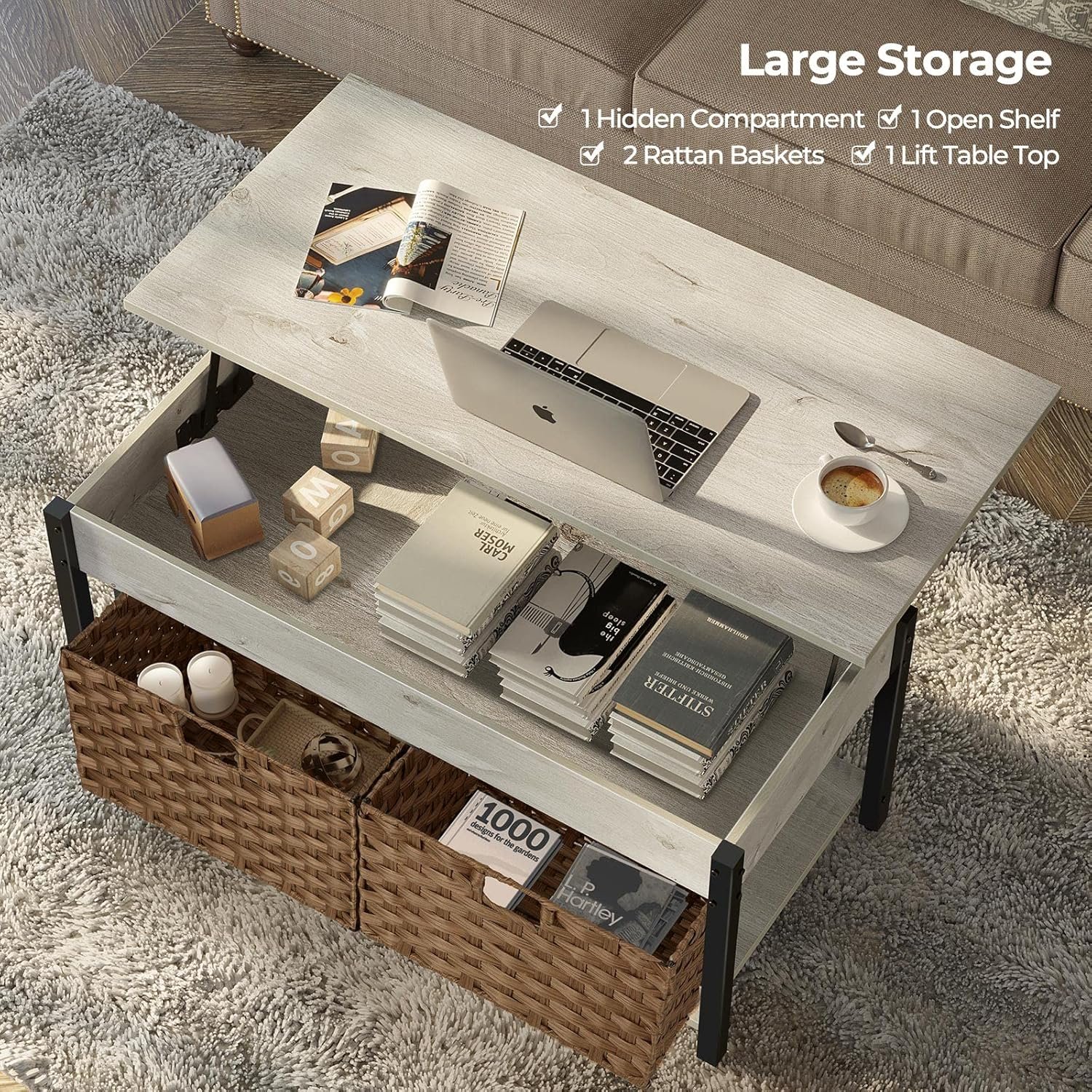 Rolanstar 41.7in lift top coffee table with 2 rattan baskets, grey (view 5)
