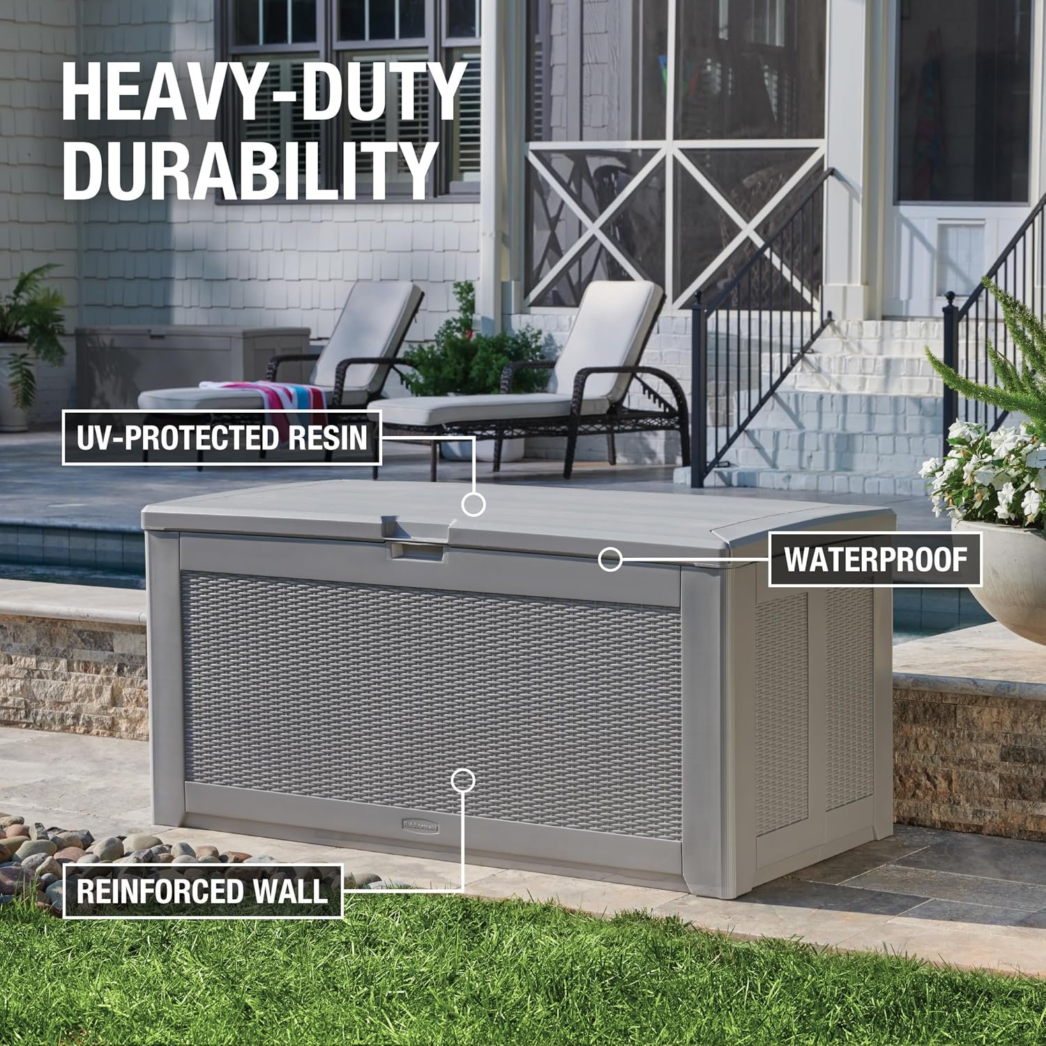 Rubbermaid 134 Gallon XL deck box image 3 showing outdoor storage details
