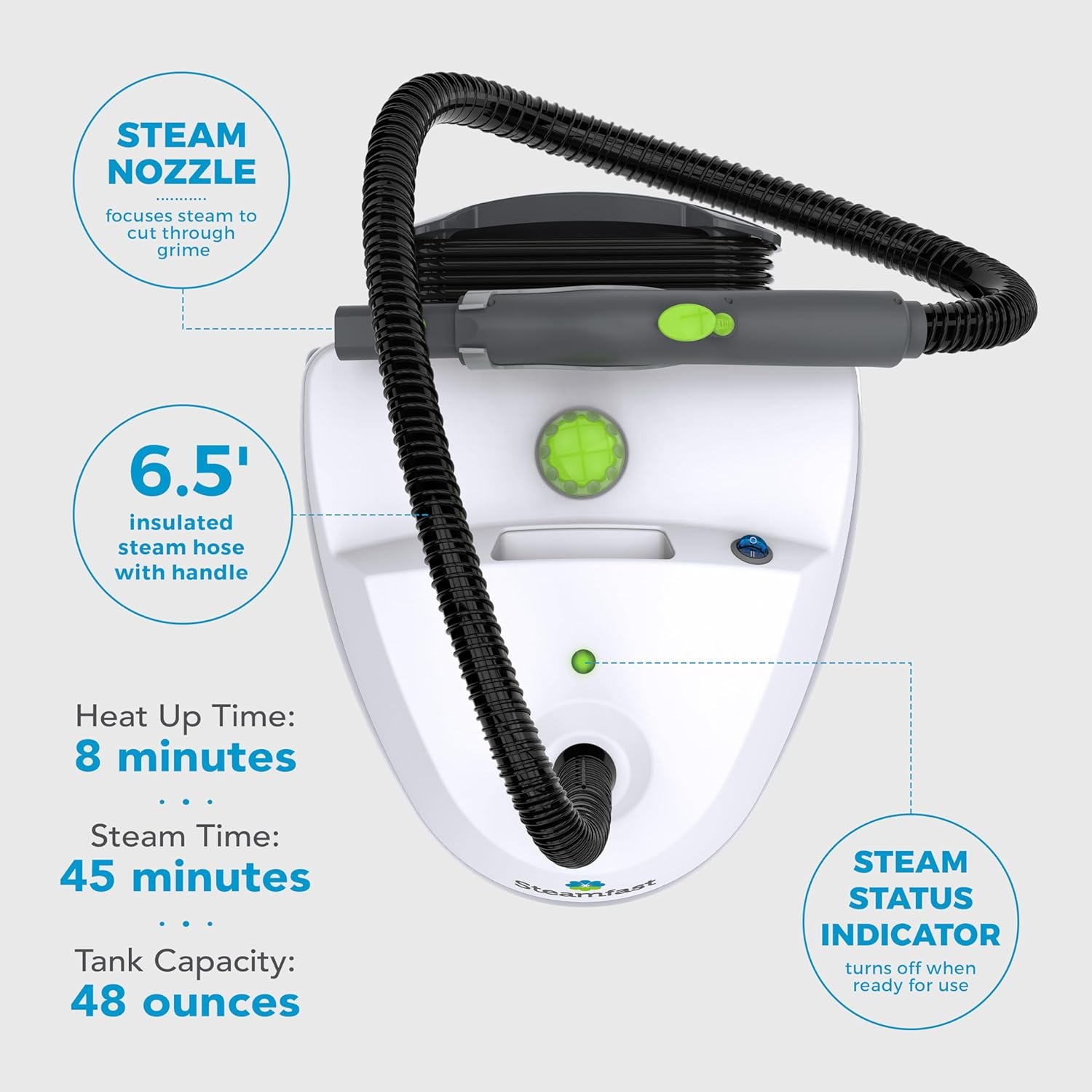 Steamfast SF-370WH steam cleaner feature callouts: steam nozzle, 6.5 foot insulated hose, and steam status indicator