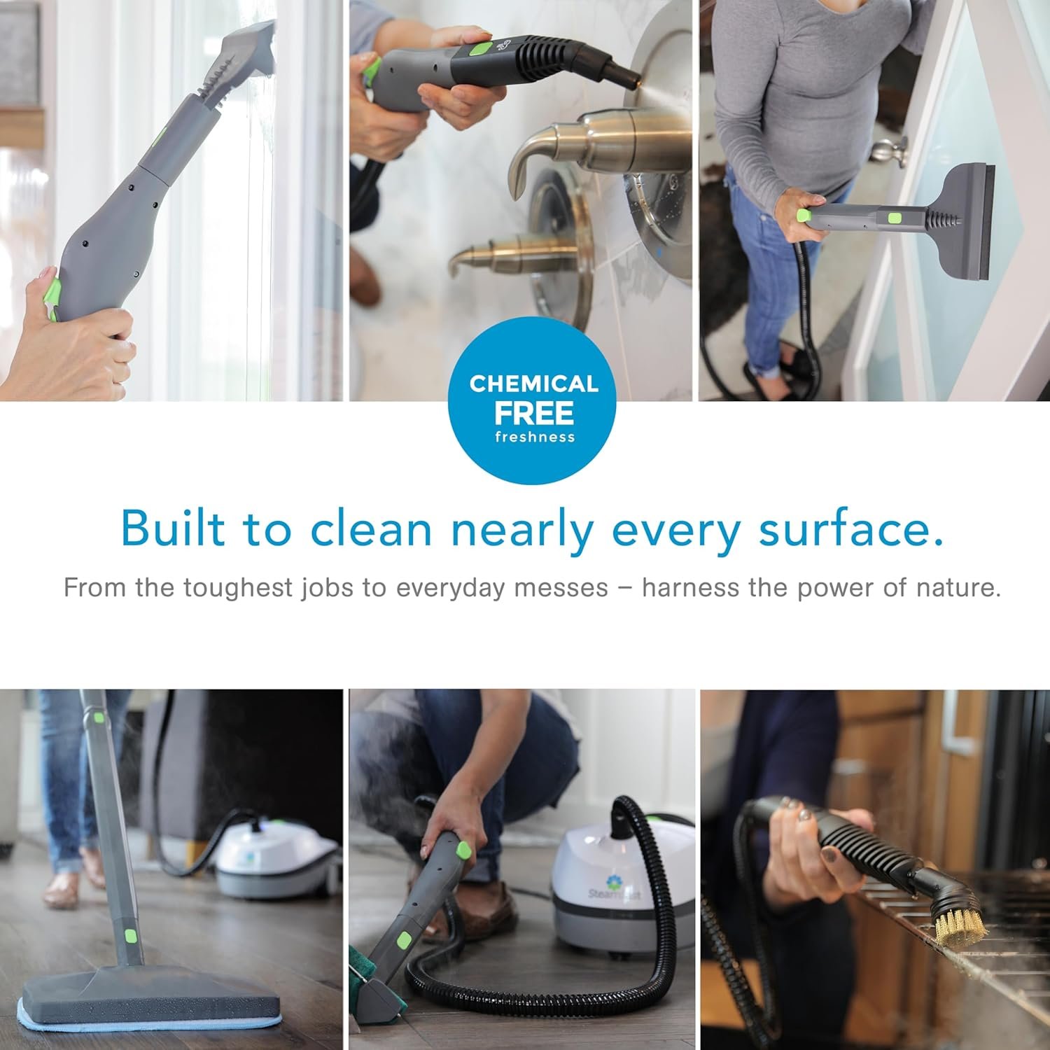 Steamfast SF-370WH steam cleaner used on multiple surfaces including floors, faucets, glass doors and grout