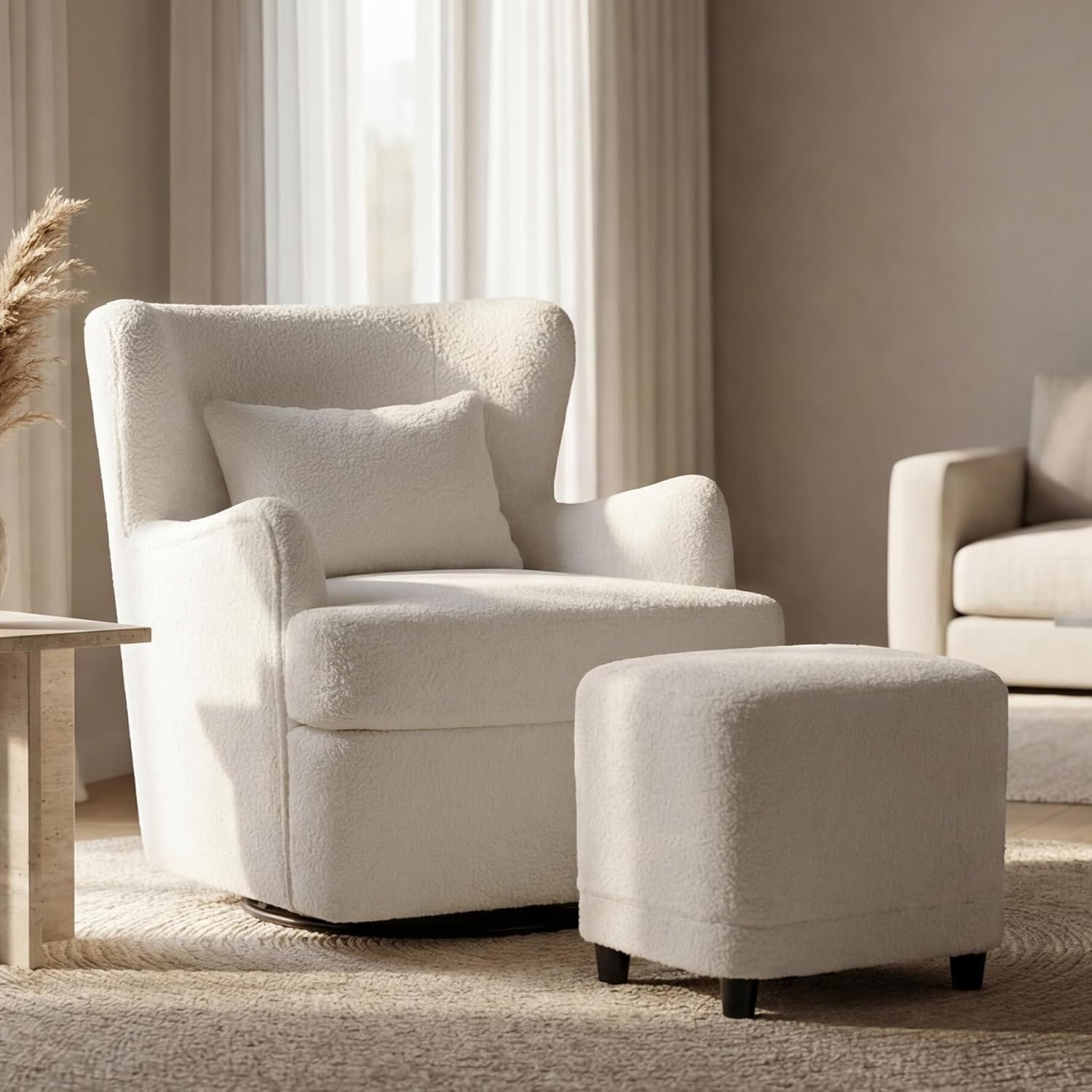 Wismestr boucle swivel barrel accent chair with matching ottoman front view