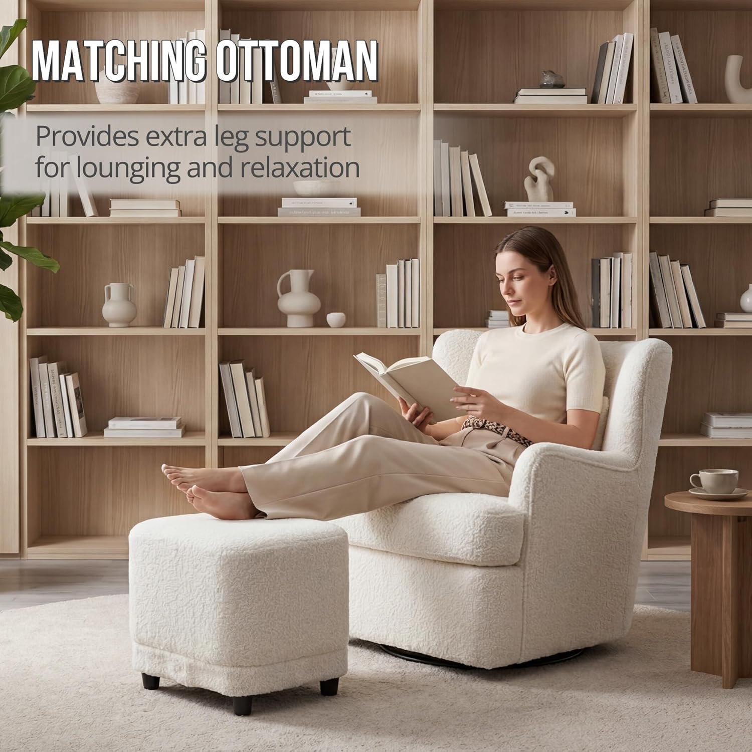 Wismestr small-space boucle accent chair with ottoman in a reading nook