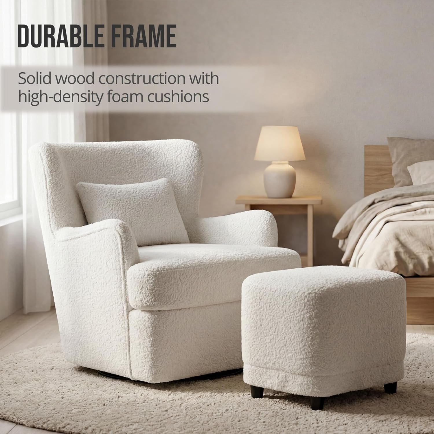 Wismestr textured boucle fabric and curved barrel back detail