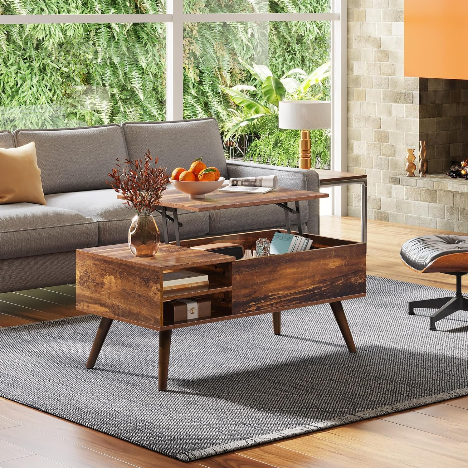 WLIVE mid-century lift top coffee table with hidden storage, brown (view 2)