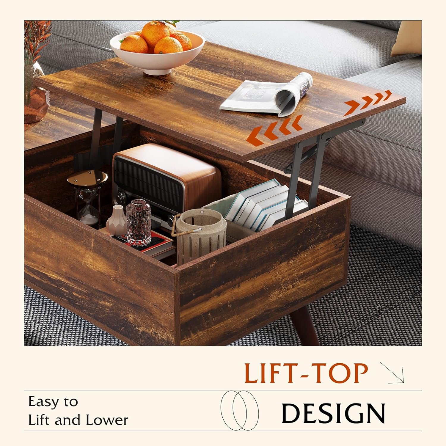 WLIVE mid-century lift top coffee table with hidden storage, brown (view 3)