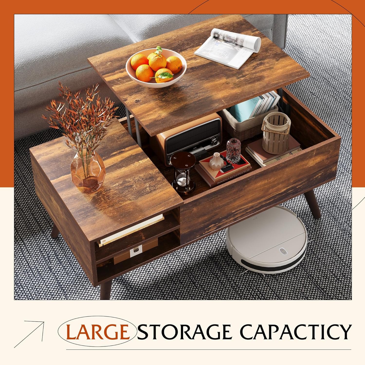 WLIVE mid-century lift top coffee table with hidden storage, brown (view 4)