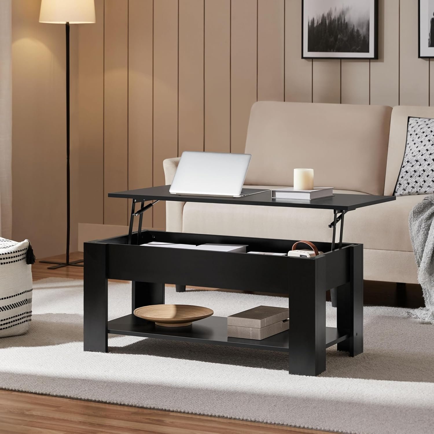 Yaheetech 38.6in wooden lift top coffee table with storage, black (view 2)