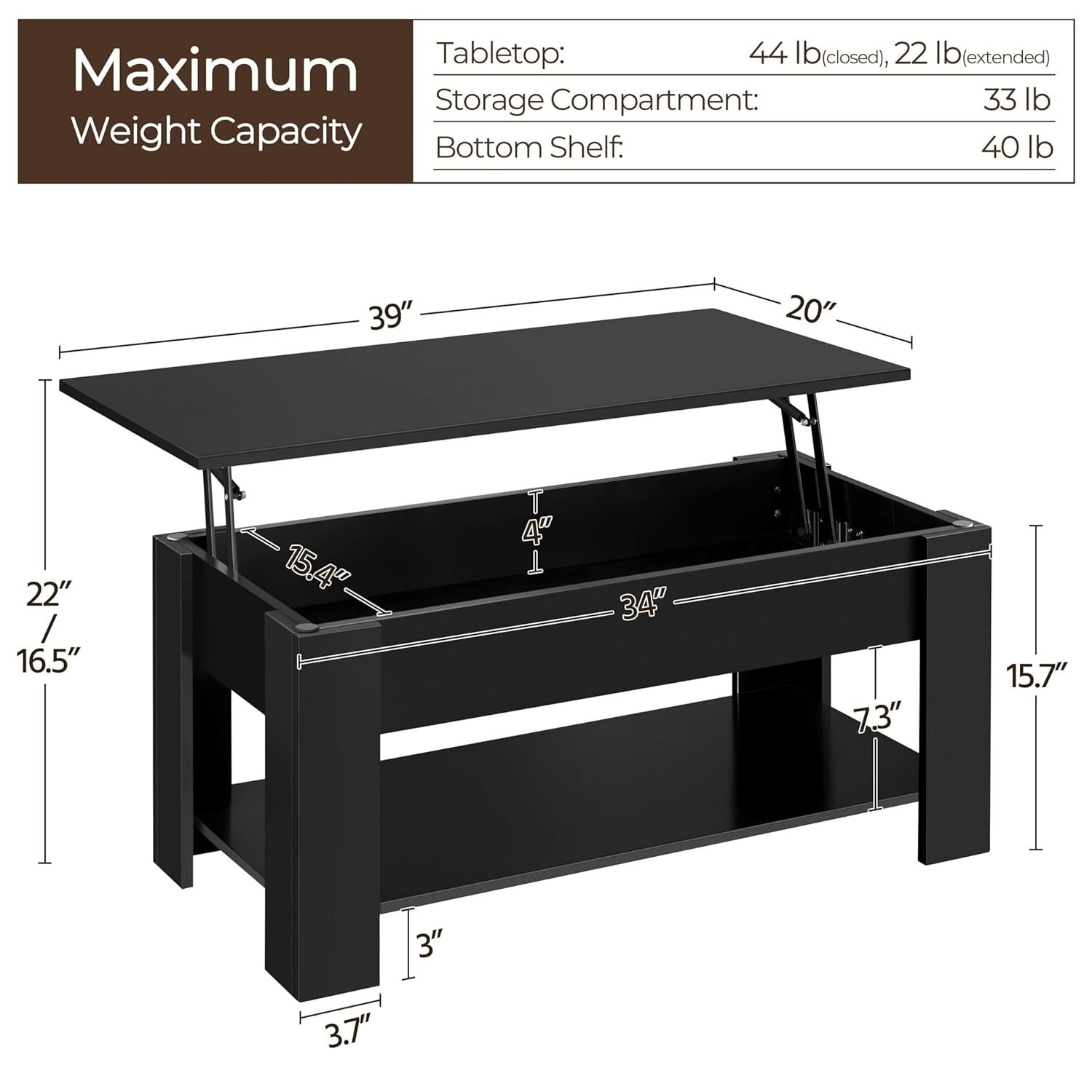 Yaheetech 38.6in wooden lift top coffee table with storage, black (view 3)