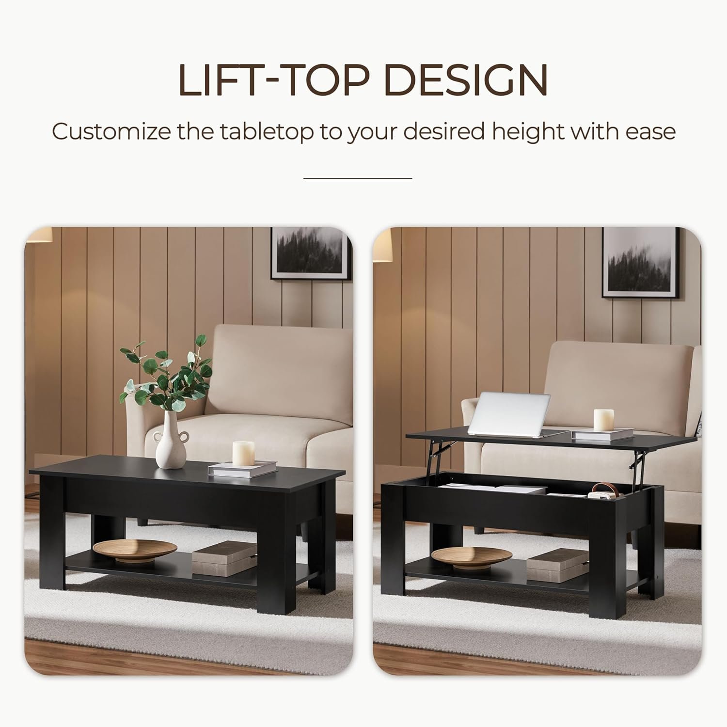 Yaheetech 38.6in wooden lift top coffee table with storage, black (view 4)