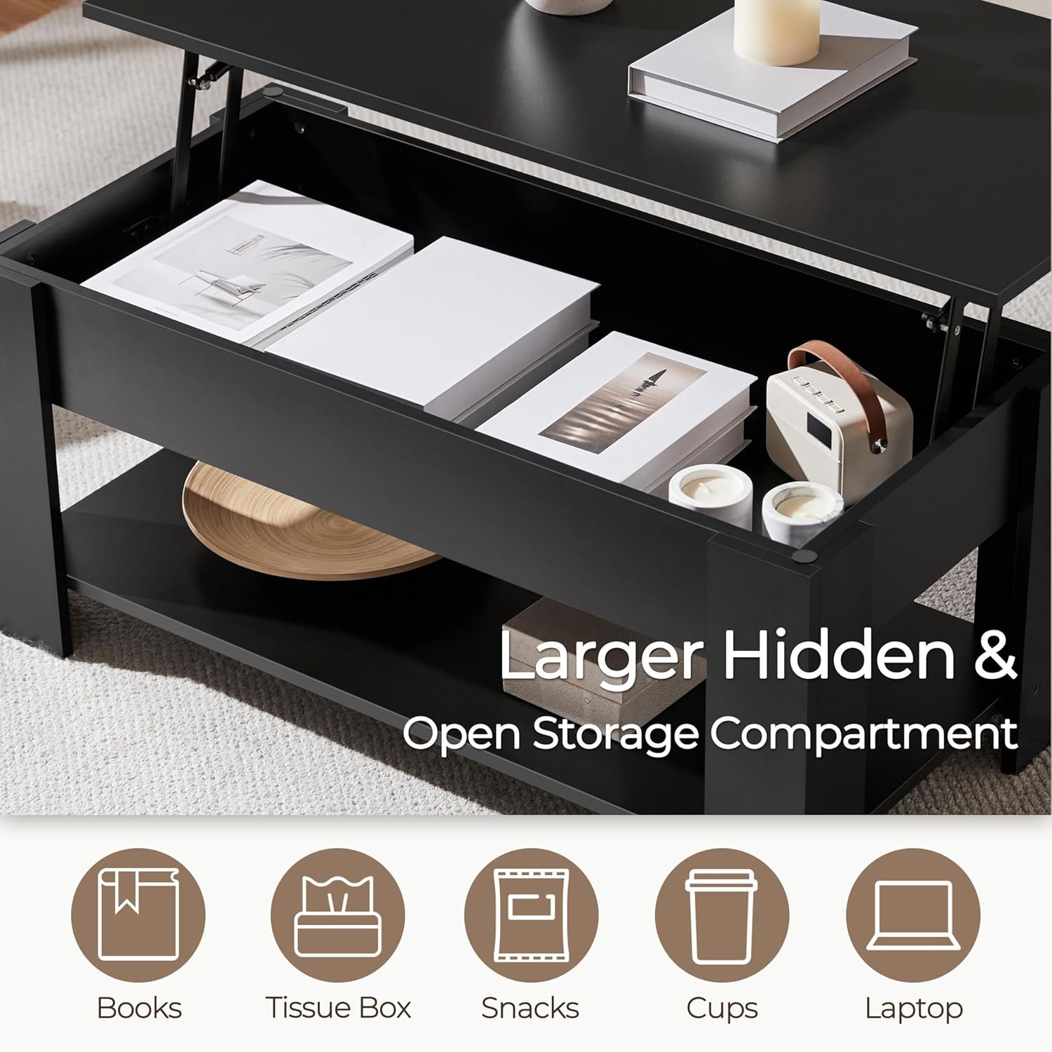 Yaheetech 38.6in wooden lift top coffee table with storage, black (view 6)