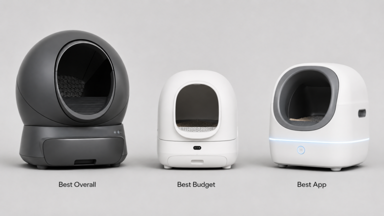 Three self-cleaning cat litter boxes compared side by side: Best Overall, Best Budget, Best App