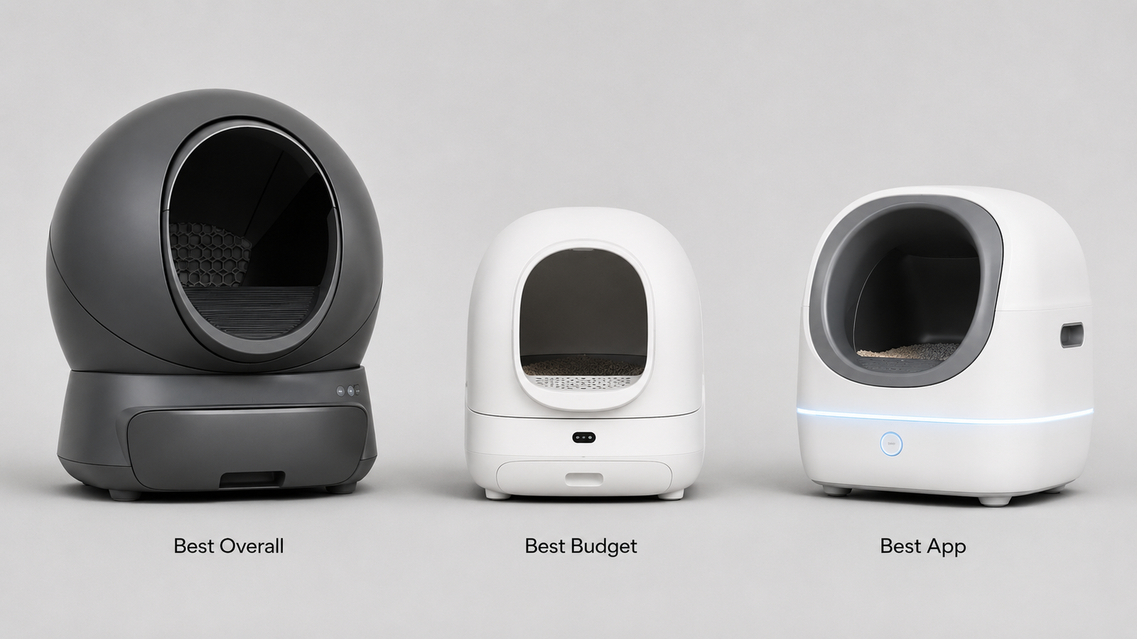 Best Self-Cleaning Litter Box for Multiple Cats (2026) 1 Three self-cleaning cat litter boxes compared side by side: Best Overall, Best Budget, Best App