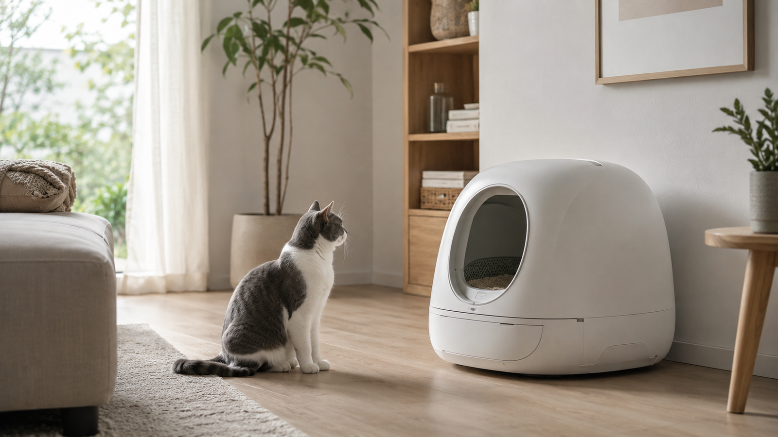 Multi-Cat Self-Cleaning Litter Boxes Surge in 2026 1 Automatic self-cleaning cat litter box in a bright modern living room with a cat sitting nearby