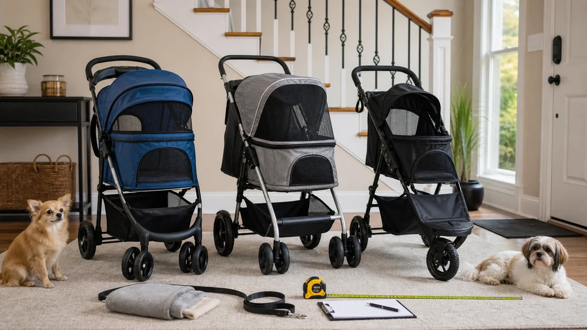 Three small-dog strollers compared in a home entryway