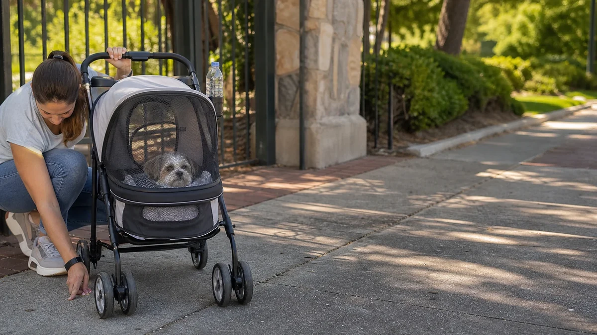 Small dog resting in a stroller during a summer sidewalk outing