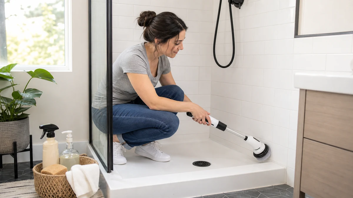 Person cleaning bathroom grout with an electric spin scrubber