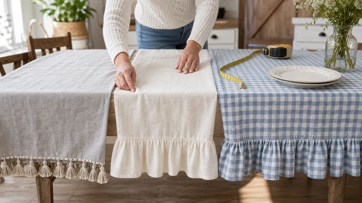 Side-by-side farmhouse tablecloth fabric and drop length comparison