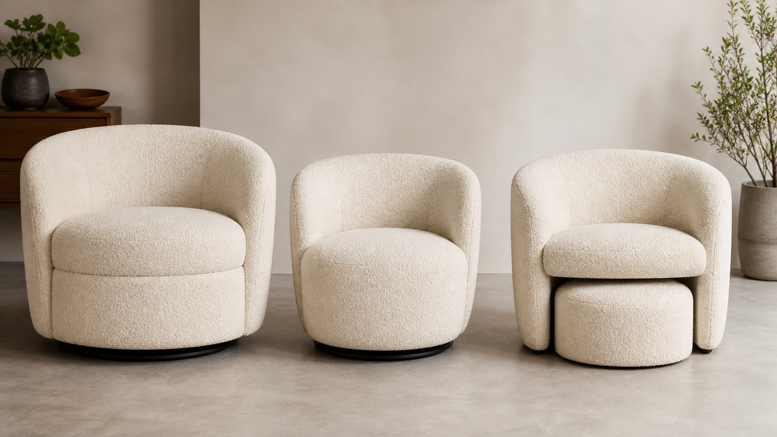 Best Boucle Swivel Accent Chairs 2026: 3 Tested Picks 1 Generated comparison image showing three boucle swivel accent chairs side by side