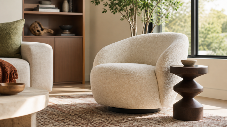 Boucle Swivel Accent Chairs Are the 2026 Living-Room Buy 2 Generated editorial image of a cream boucle swivel accent chair in a bright modern living room