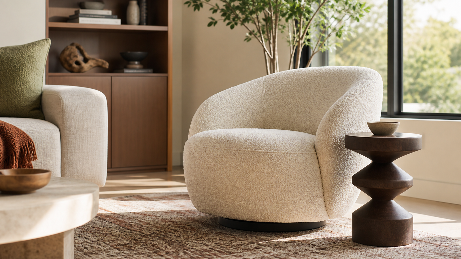 Generated editorial image of a cream boucle swivel accent chair in a bright modern living room