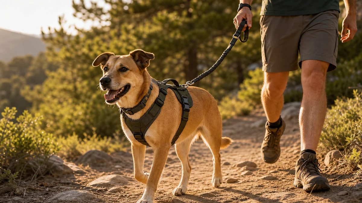 Dog wearing a secure escape proof harness on a sunny hiking trail